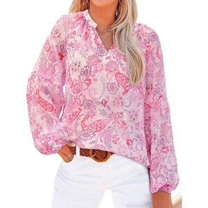 👑 Women's Pink Floral Print Long Sleeve V Neck Lightweight Summer Blouse Top